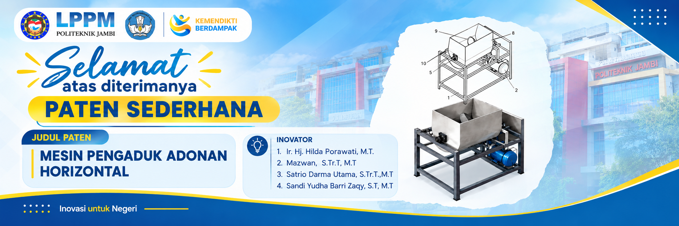 Dosen Politeknik Jambi Raih Paten Sederhana untuk Inovasi Mesin Pengaduk Adonan Horizontal