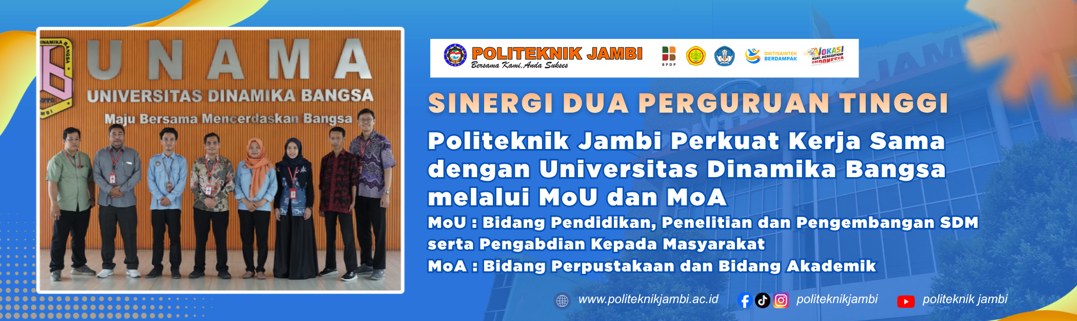 Politeknik Jambi Perkuat Kerja Sama dengan Universitas Dinamika Bangsa melalui MoU dan MoA